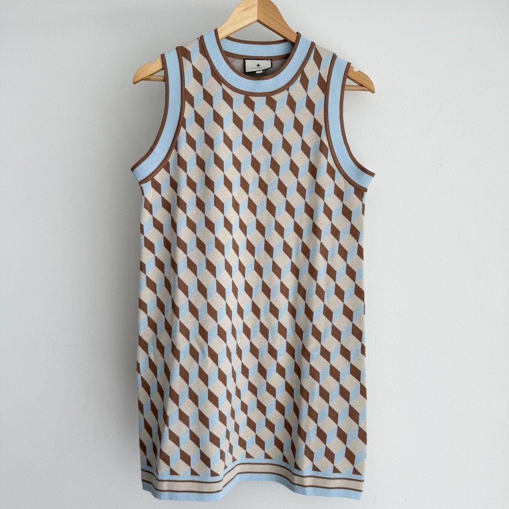 Tuckernuck Dress Womens Small Blue Brown Ocean Spray Knit Geometric Marie Mini